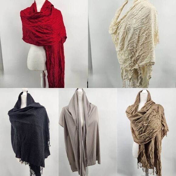 Pashmina Scarf Wrap Shawl Bundle of 5 Red, Black, Cream, Silver, Tan Fringe - Picture 1 of 13